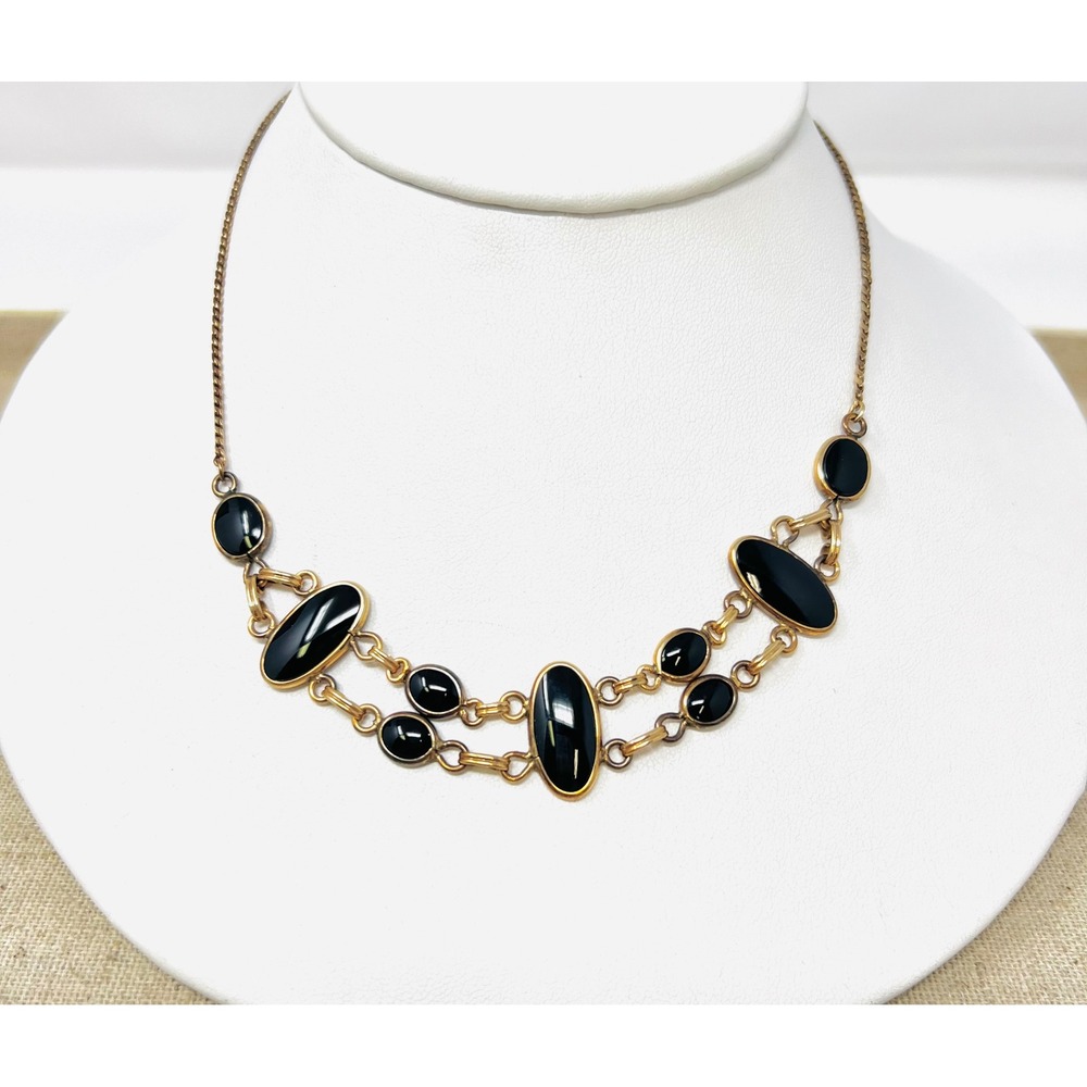 Vintage 1/20 12K Gold Filled Black Onyx Cabochon Double Strand Bib Necklace